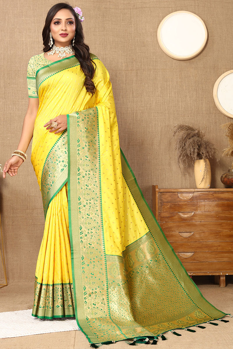 Dazzling Yellow Soft Banarasi Silk Saree With Breathtaking Blouse Piece