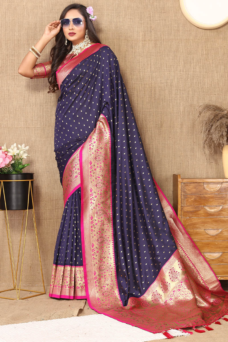 Delectable Navy Blue Soft Banarasi Silk Saree With Outstanding Blouse Piece