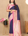 Delectable Navy Blue Soft Banarasi Silk Saree With Outstanding Blouse Piece