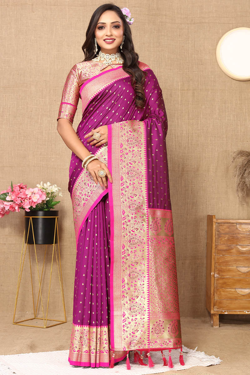 Adorning Purple Soft Banarasi Silk Saree With Ethnic Blouse Piece