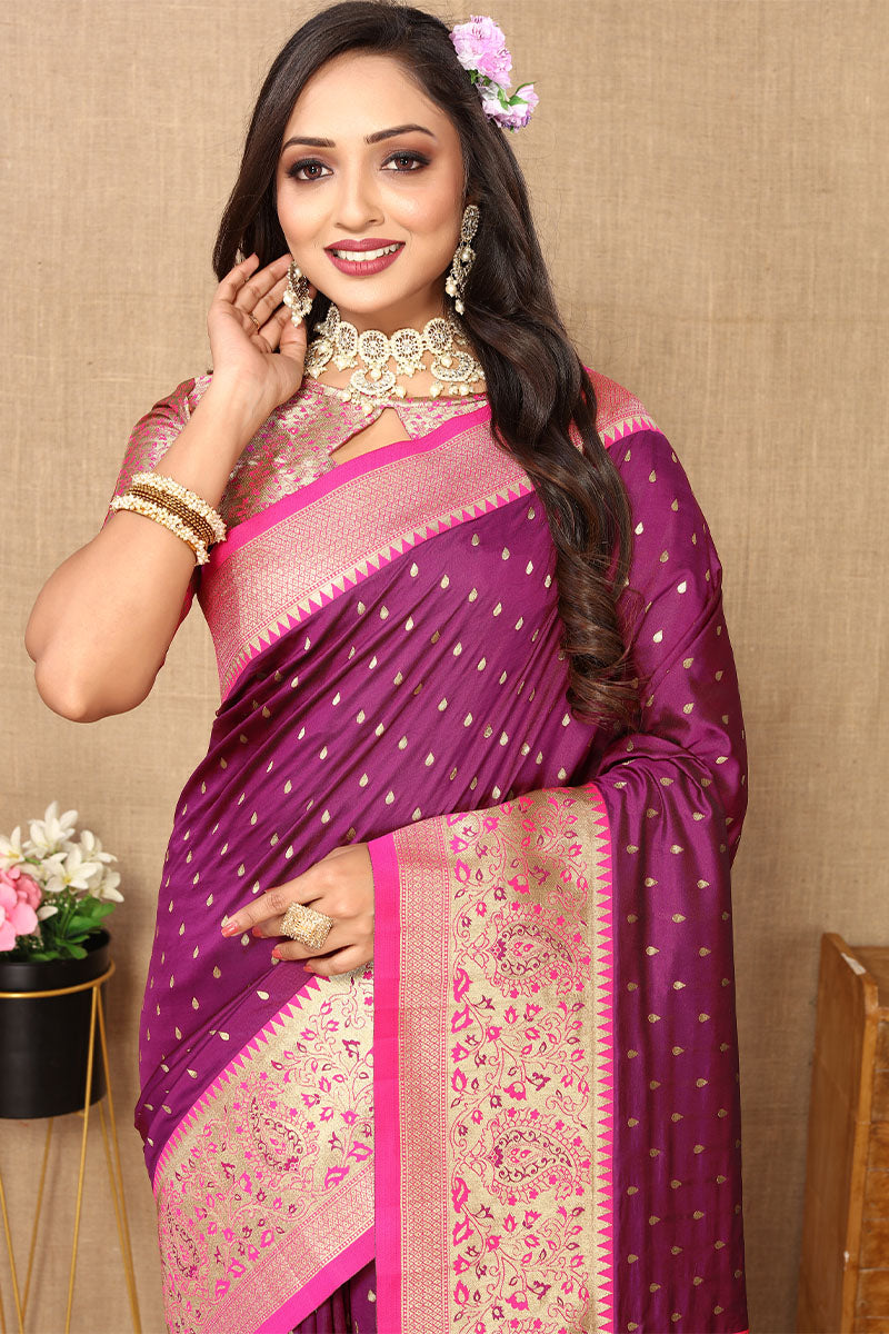 Adorning Purple Soft Banarasi Silk Saree With Ethnic Blouse Piece