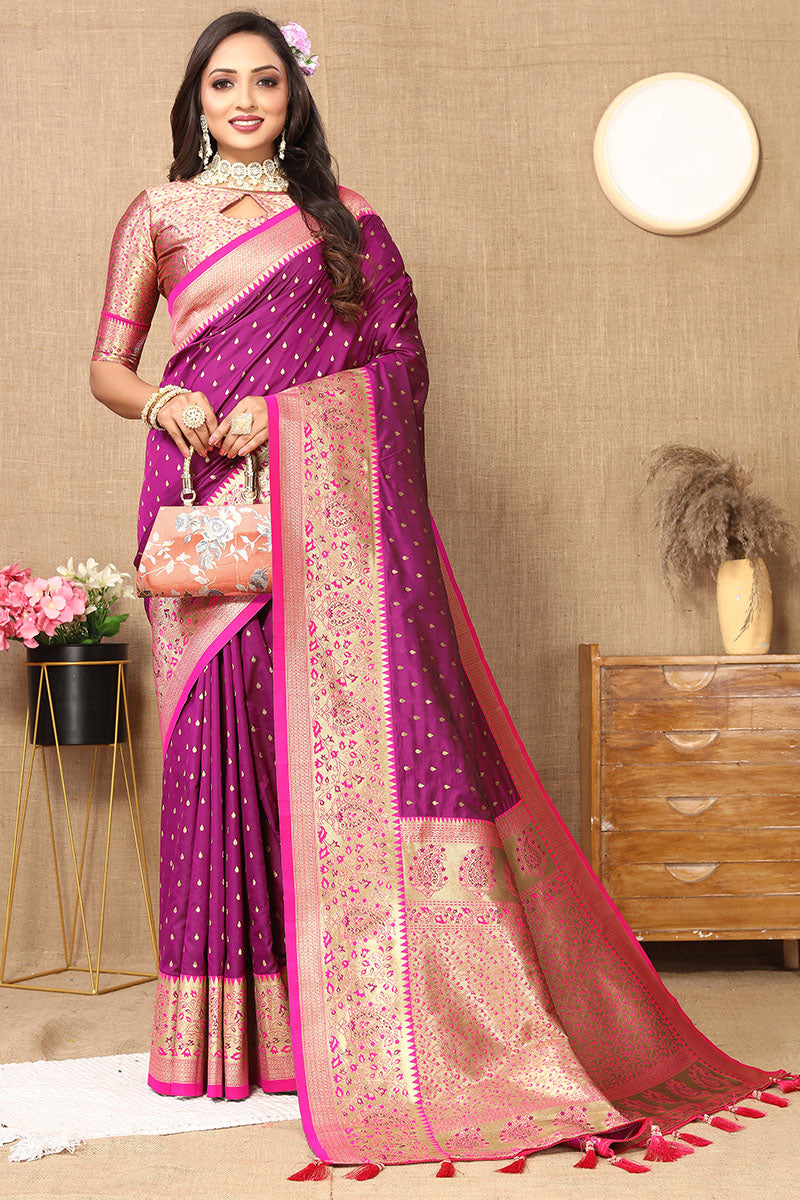 Adorning Purple Soft Banarasi Silk Saree With Ethnic Blouse Piece