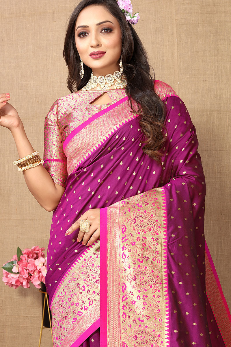 Adorning Purple Soft Banarasi Silk Saree With Ethnic Blouse Piece