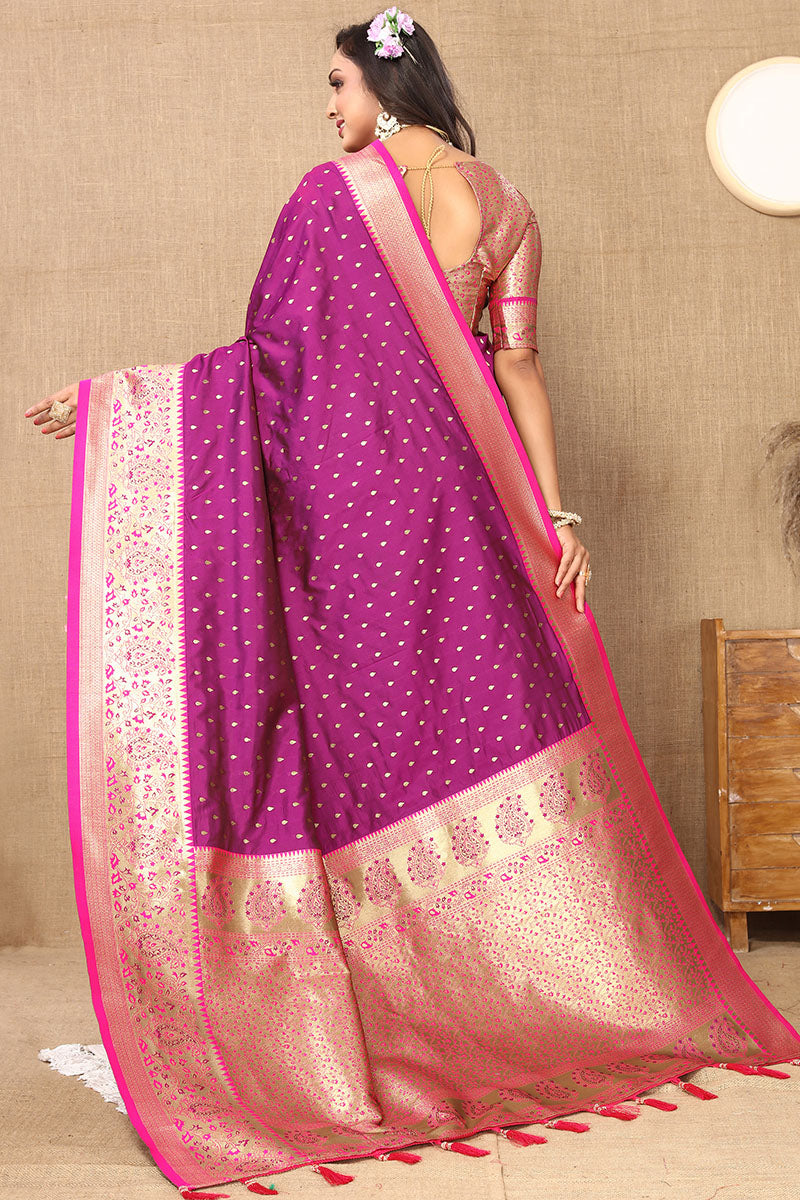 Adorning Purple Soft Banarasi Silk Saree With Ethnic Blouse Piece