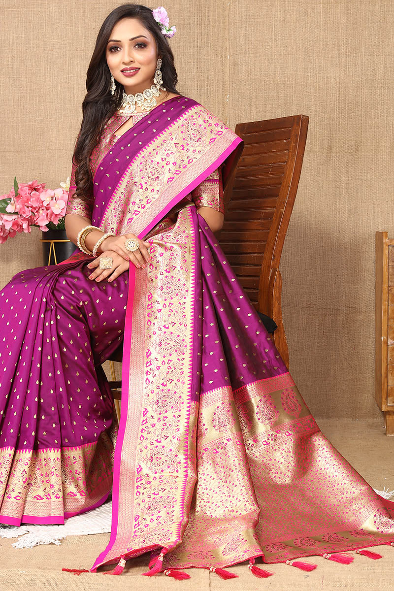 Adorning Purple Soft Banarasi Silk Saree With Ethnic Blouse Piece