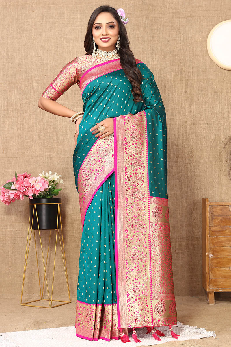 Outstanding Rama Soft Banarasi Silk Saree With Captivating Blouse Piece