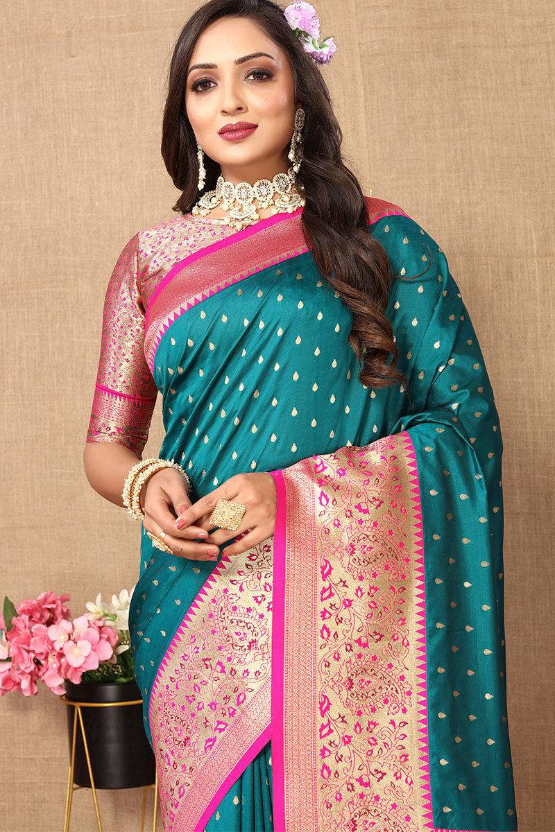 Outstanding Rama Soft Banarasi Silk Saree With Captivating Blouse Piece