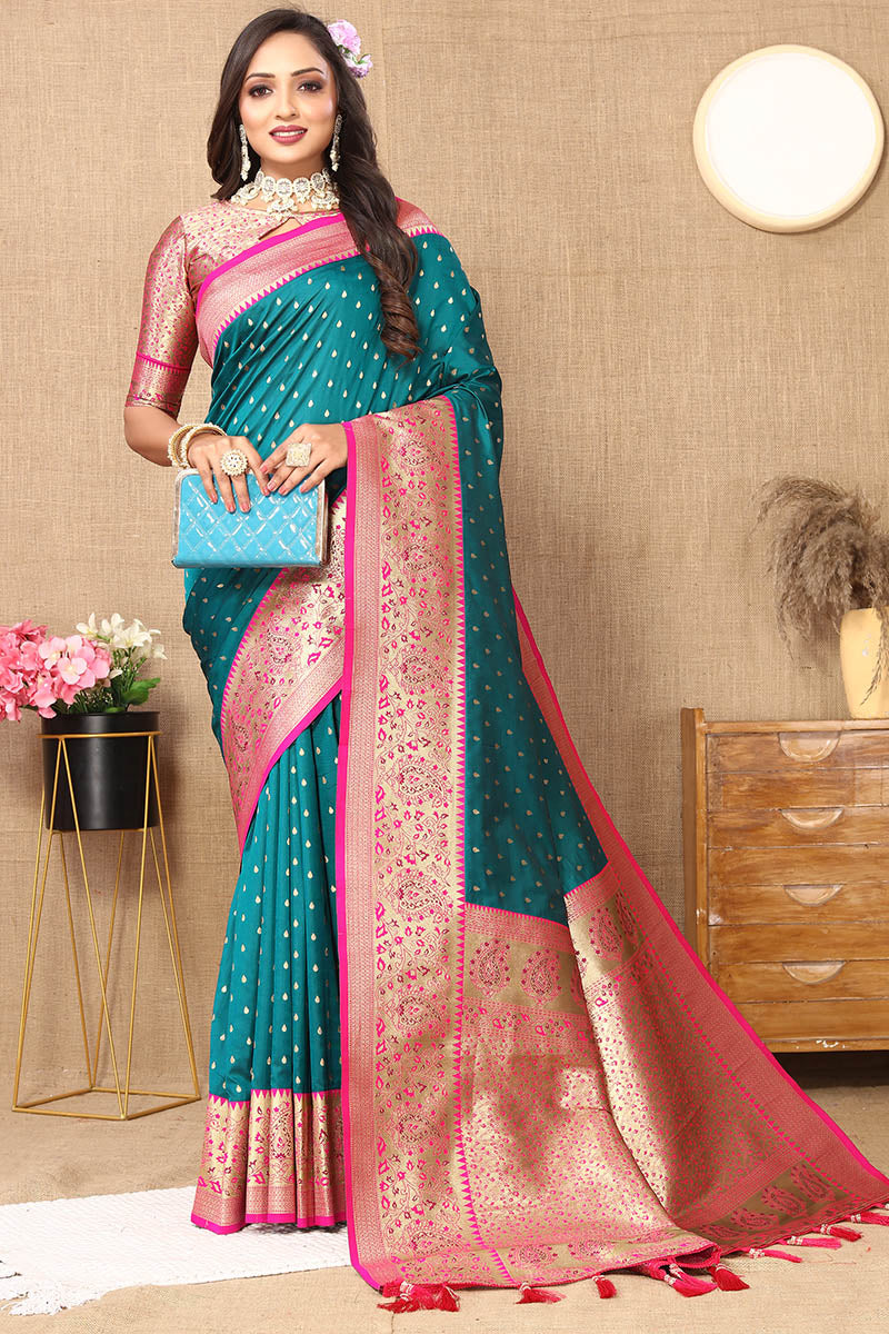 Outstanding Rama Soft Banarasi Silk Saree With Captivating Blouse Piece