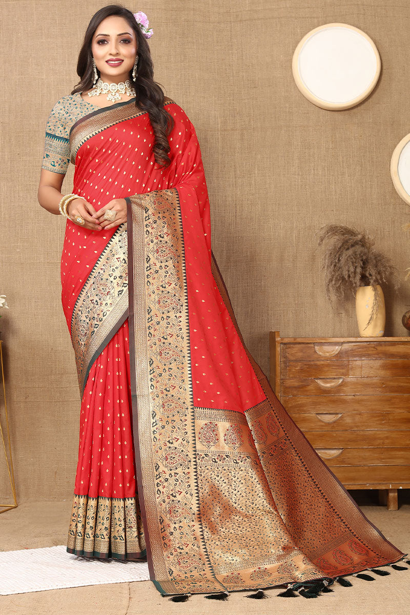 Phenomenal Red Soft Banarasi Silk Saree With Arresting Blouse Piece