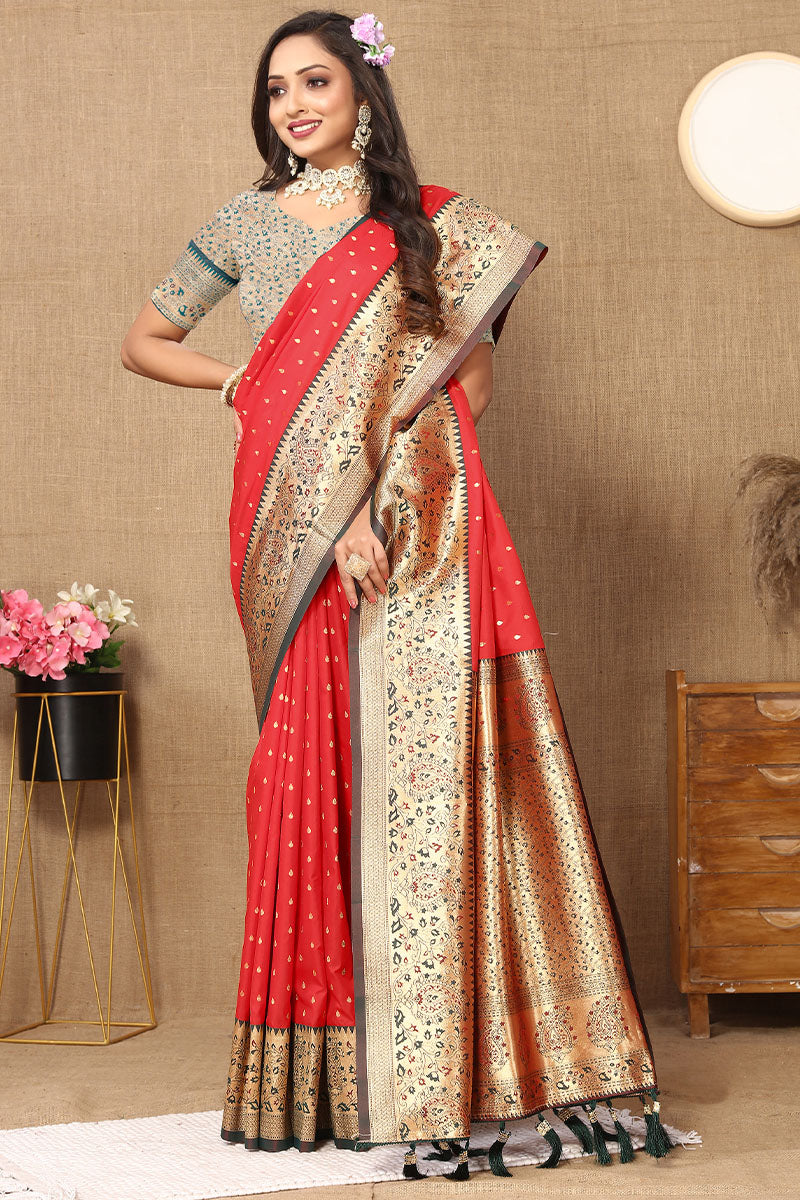 Phenomenal Red Soft Banarasi Silk Saree With Arresting Blouse Piece