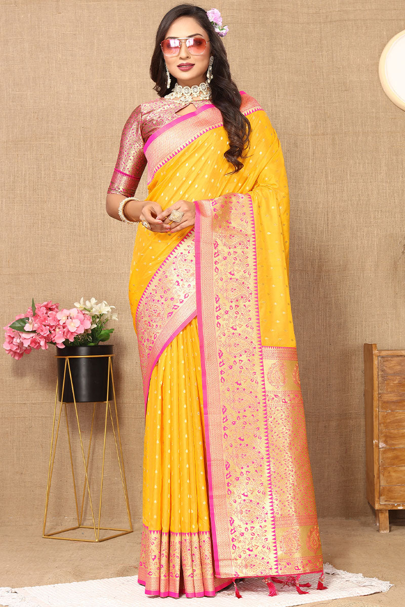 Gratifying Yellow Soft Banarasi Silk Saree With Adorable Blouse Piece