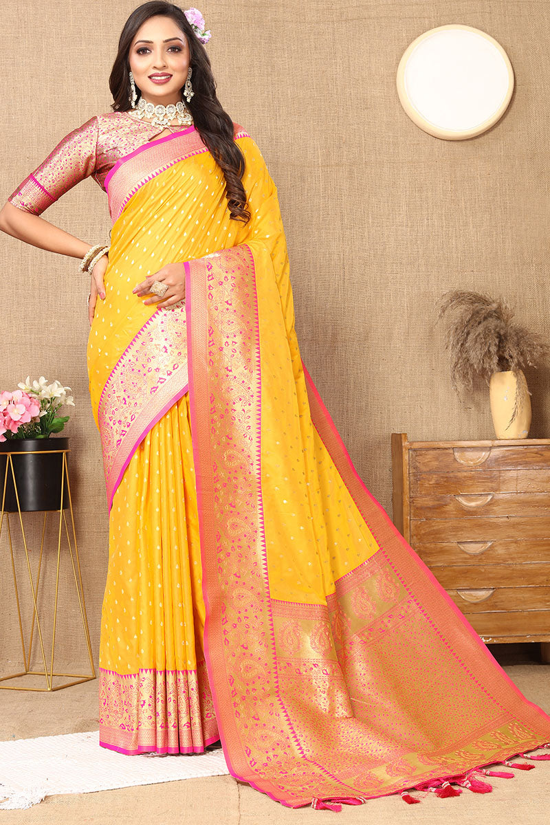 Gratifying Yellow Soft Banarasi Silk Saree With Adorable Blouse Piece