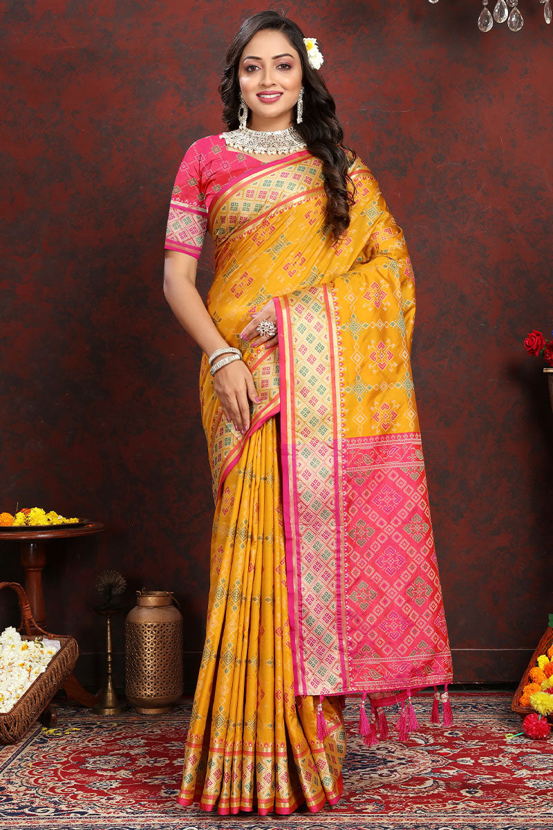 Gorgeous Yellow Soft Banarasi Silk Saree With Designer Blouse Piece