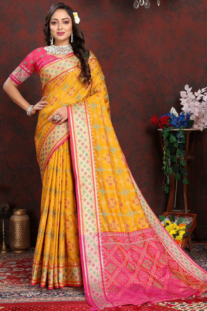 Gorgeous Yellow Soft Banarasi Silk Saree With Designer Blouse Piece