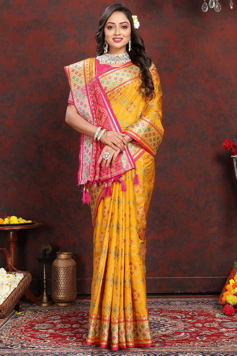 Gorgeous Yellow Soft Banarasi Silk Saree With Designer Blouse Piece