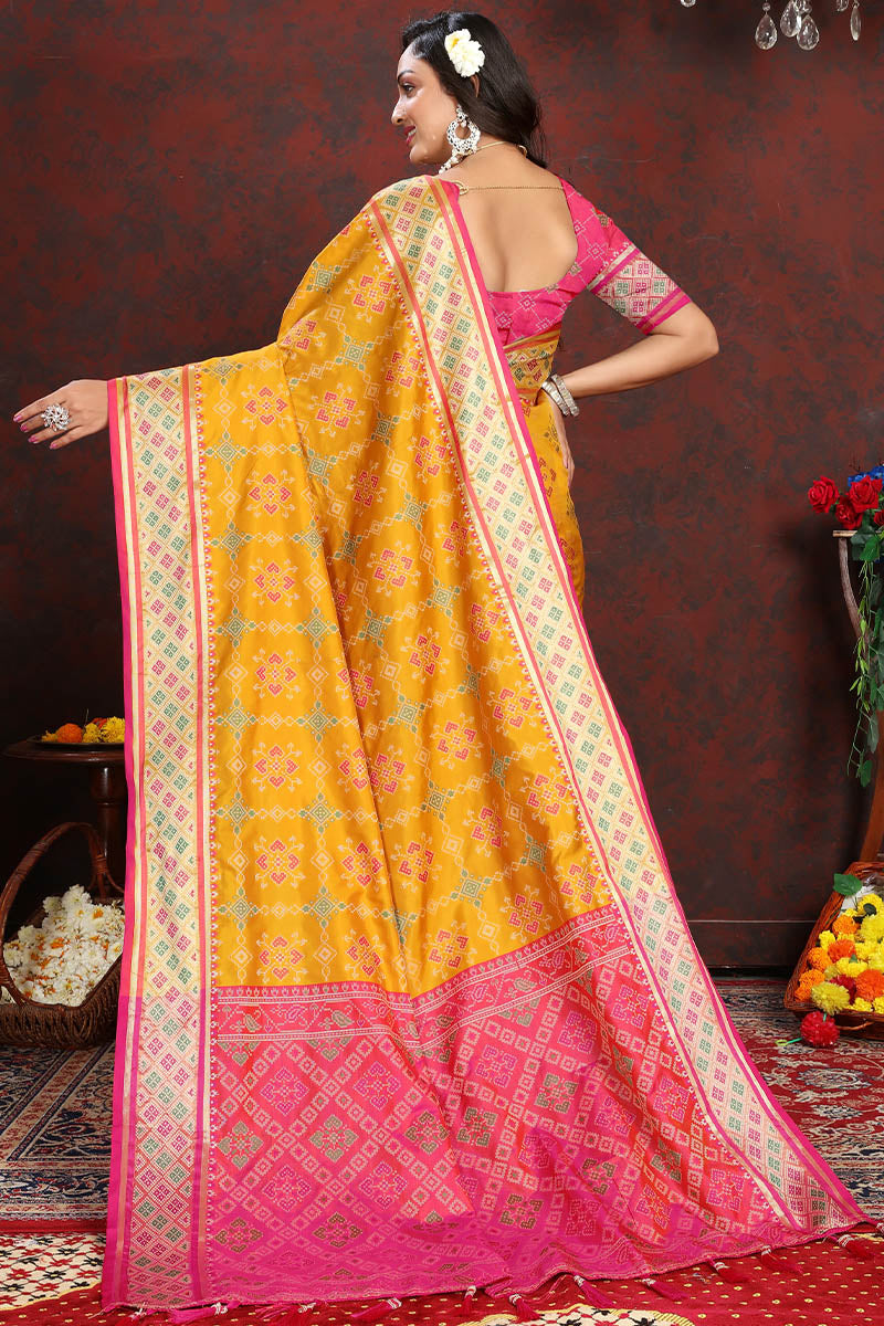 Gorgeous Yellow Soft Banarasi Silk Saree With Designer Blouse Piece