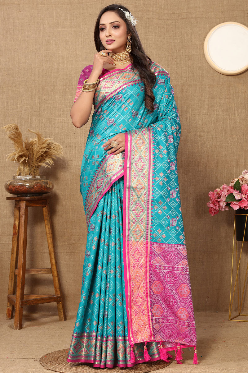 Energetic Firozi Soft Banarasi Silk Saree With Eye-catching Blouse Piece