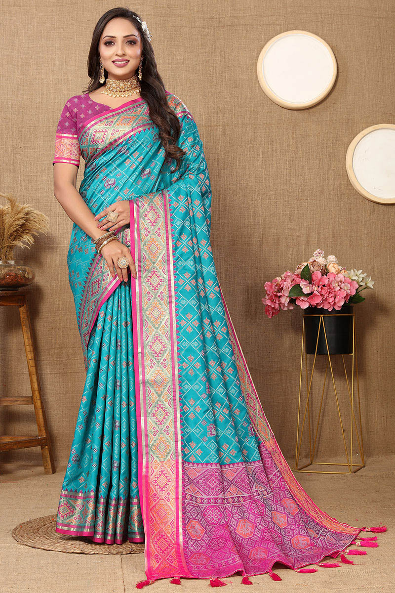 Energetic Firozi Soft Banarasi Silk Saree With Eye-catching Blouse Piece