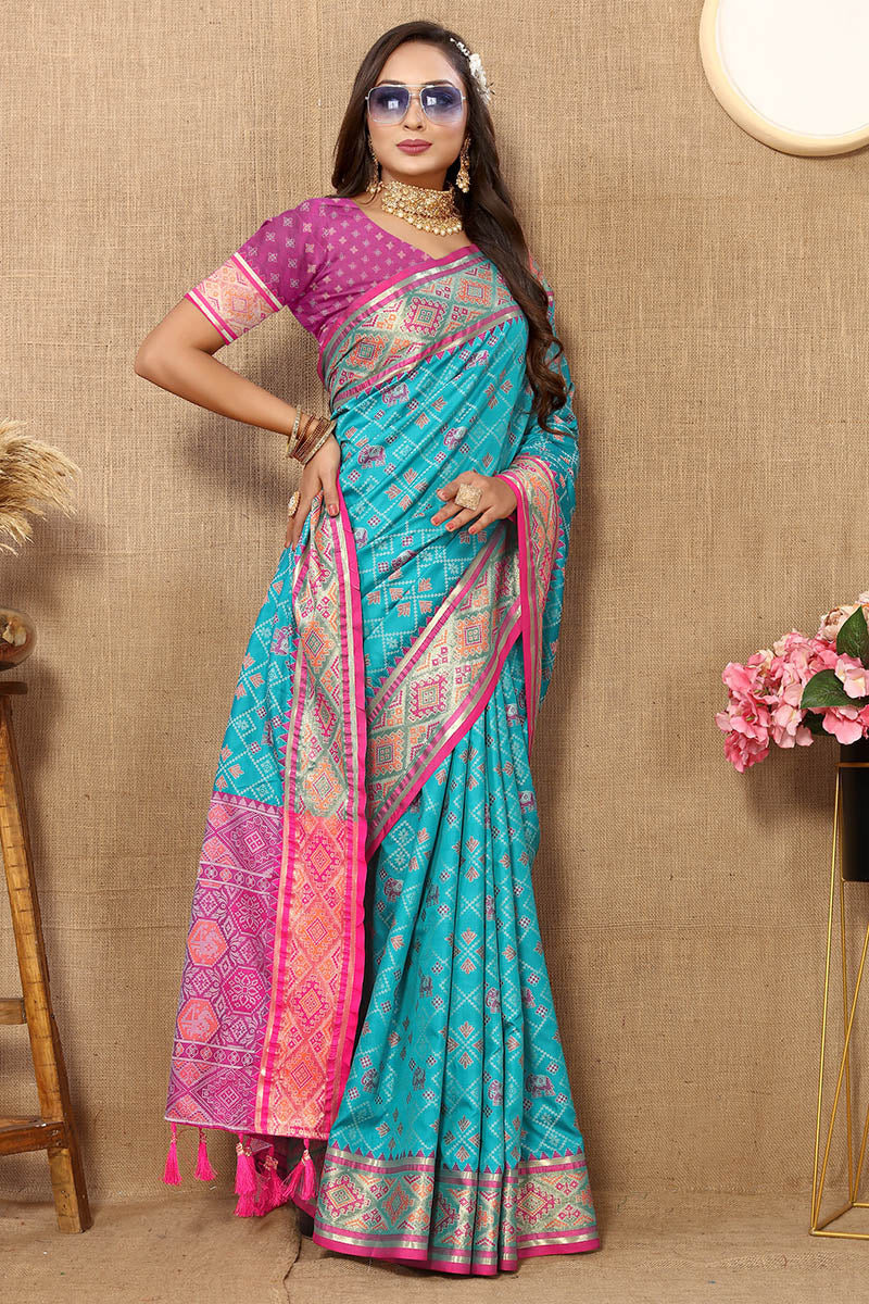 Energetic Firozi Soft Banarasi Silk Saree With Eye-catching Blouse Piece