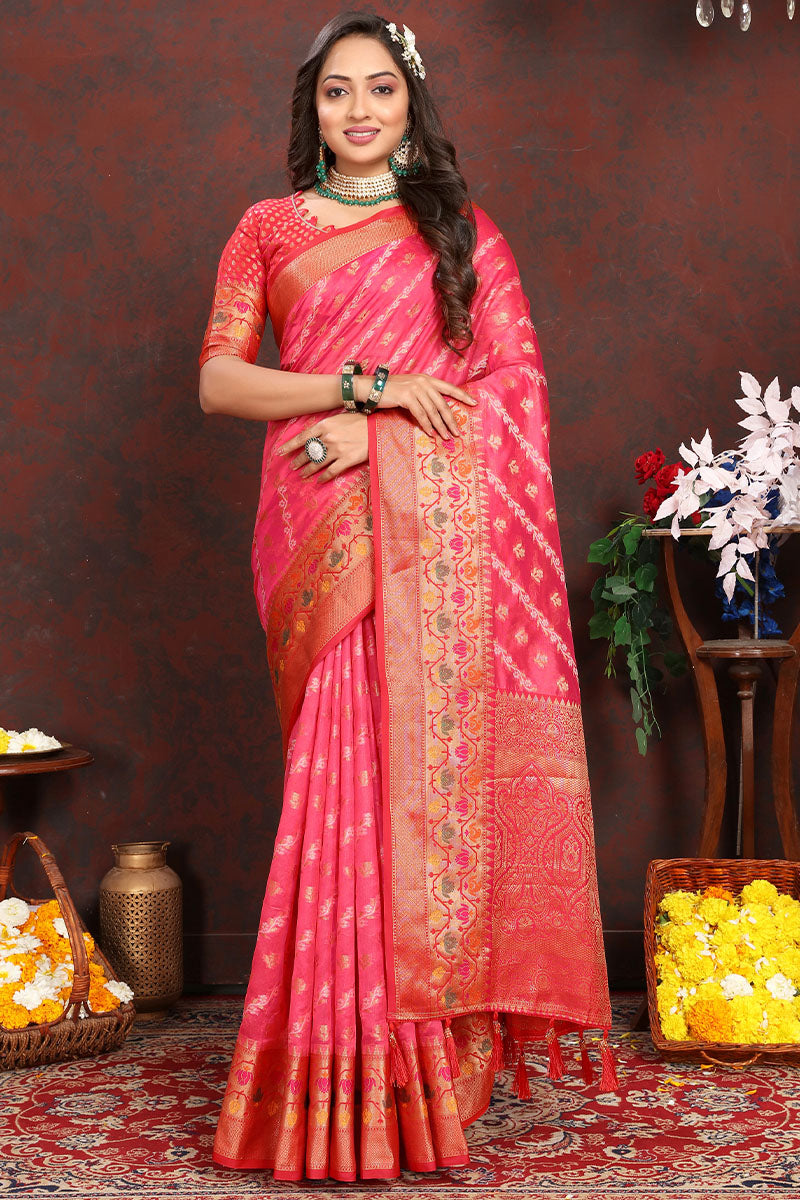 Quintessential Dark Pink Soft Banarasi Silk Saree With Gorgeous Blouse Piece