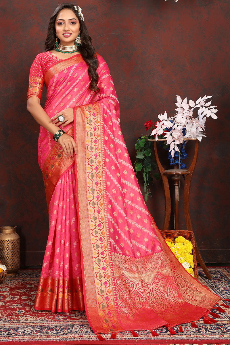 Quintessential Dark Pink Soft Banarasi Silk Saree With Gorgeous Blouse Piece