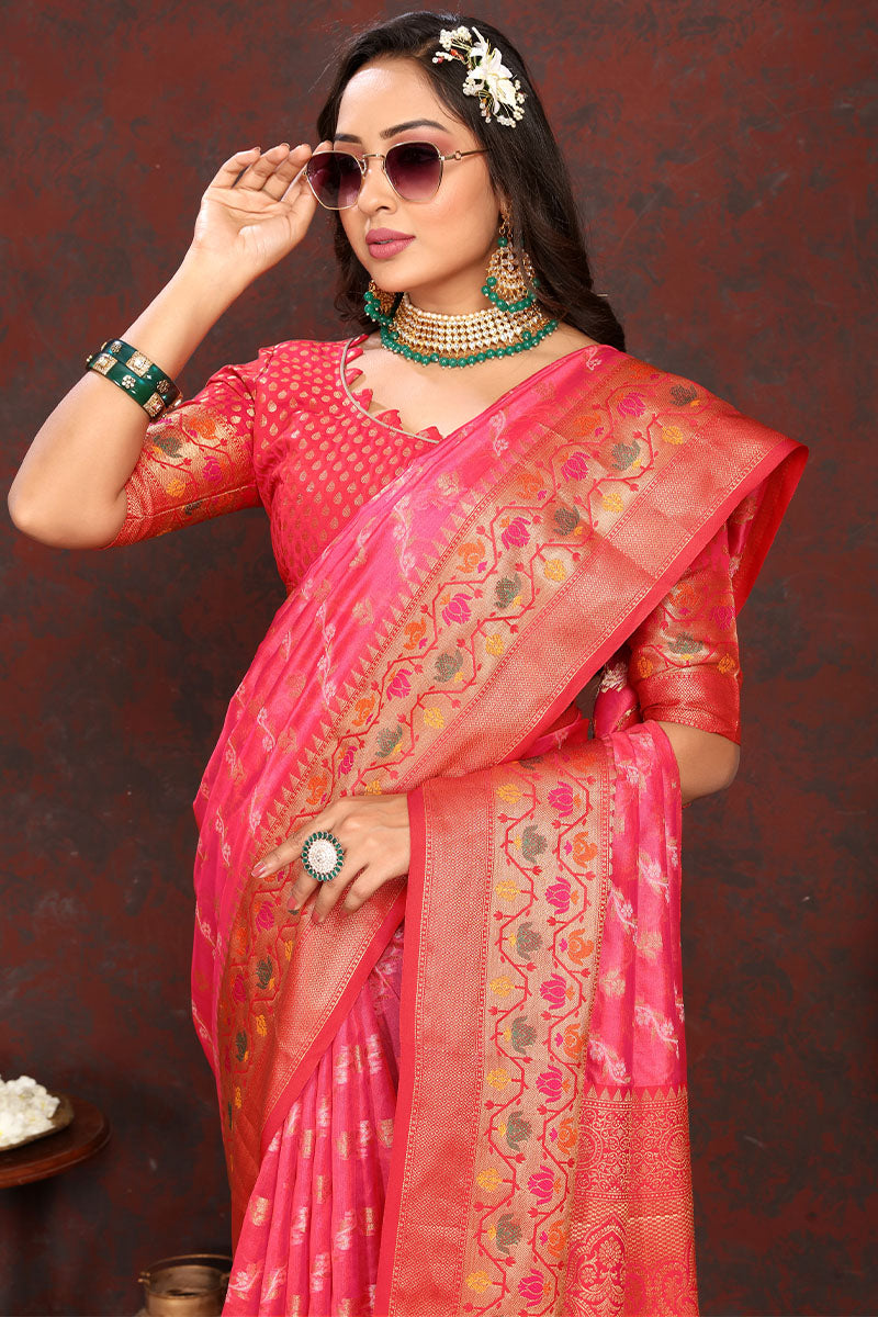 Quintessential Dark Pink Soft Banarasi Silk Saree With Gorgeous Blouse Piece