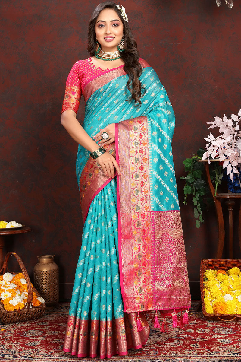 Pretty Firozi Soft Banarasi Silk Saree With Phenomenal Blouse Piece