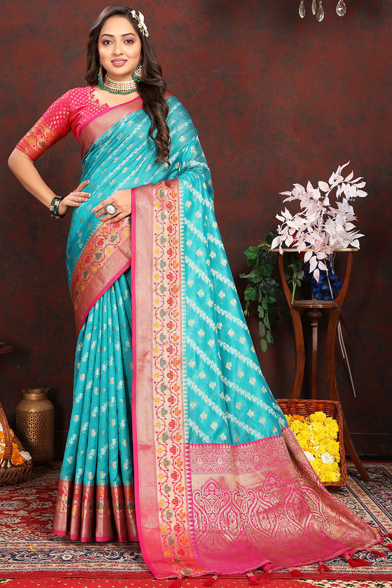 Pretty Firozi Soft Banarasi Silk Saree With Phenomenal Blouse Piece