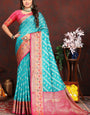 Pretty Firozi Soft Banarasi Silk Saree With Phenomenal Blouse Piece