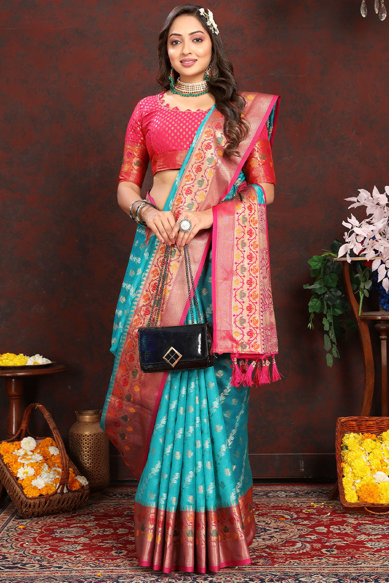 Pretty Firozi Soft Banarasi Silk Saree With Phenomenal Blouse Piece