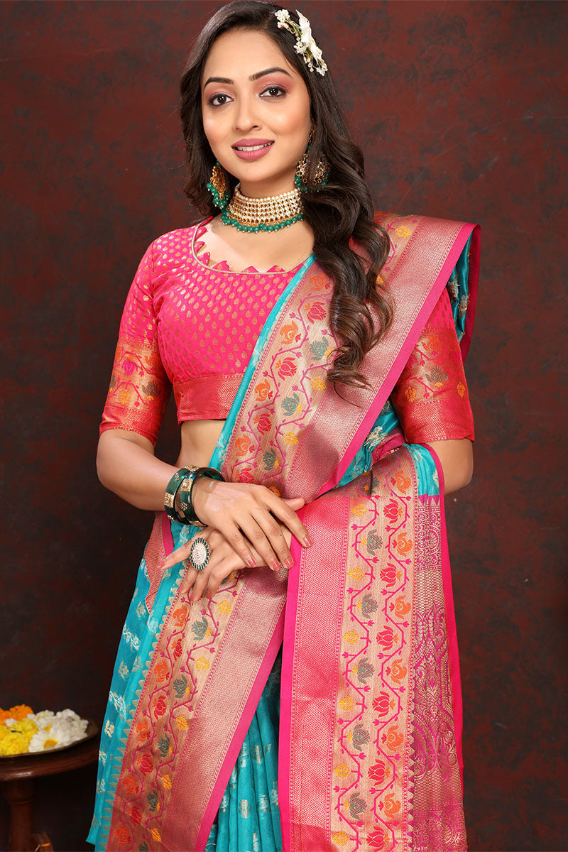 Pretty Firozi Soft Banarasi Silk Saree With Phenomenal Blouse Piece