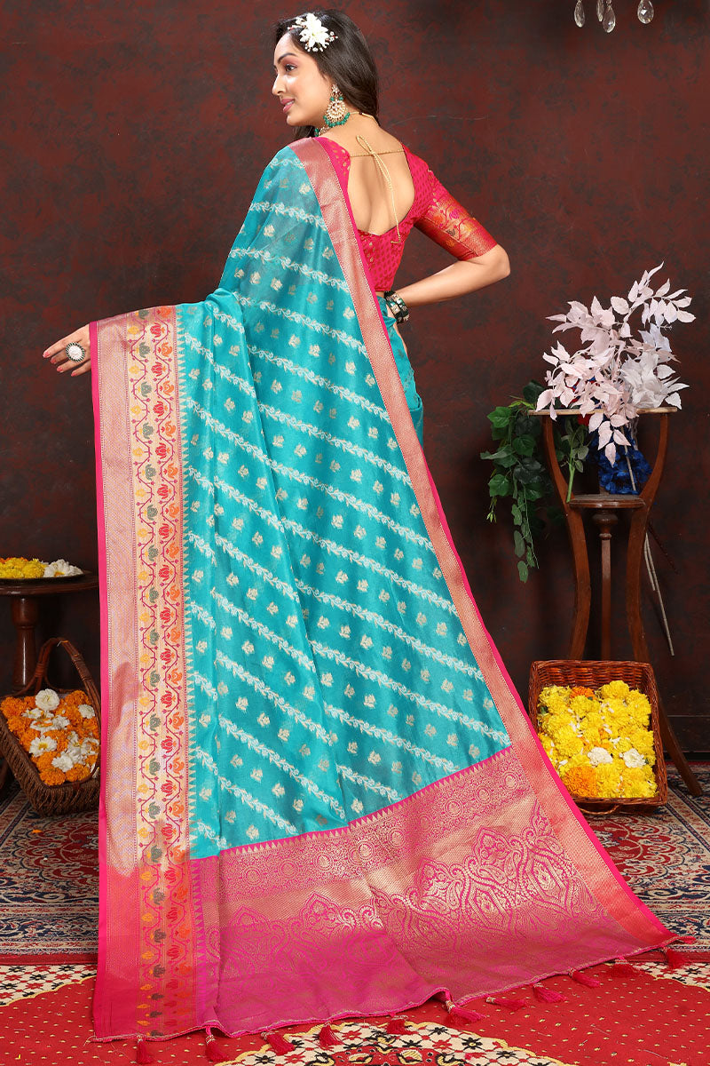 Pretty Firozi Soft Banarasi Silk Saree With Phenomenal Blouse Piece