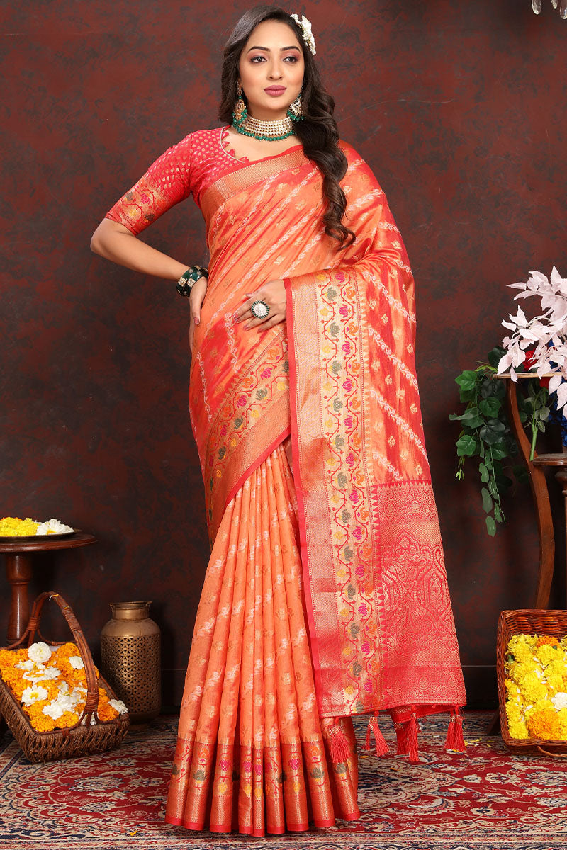 Amazing Orange Soft Banarasi Silk Saree With Gratifying Blouse Piece