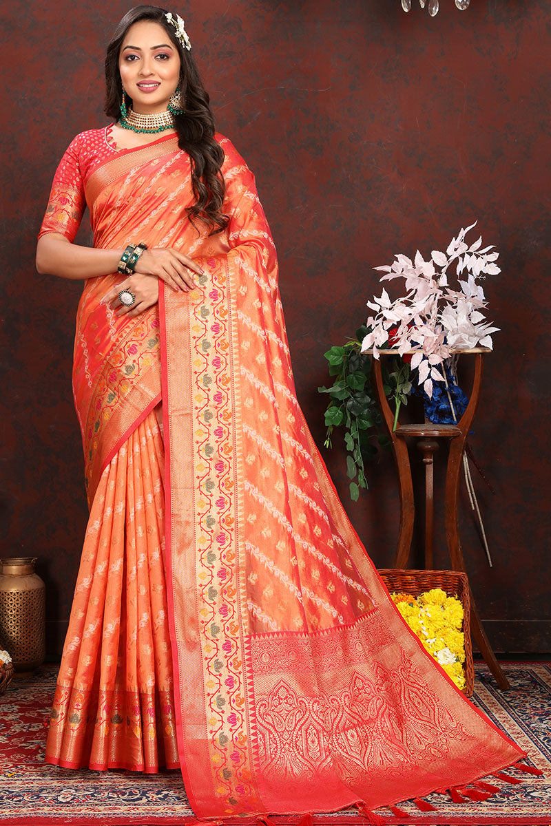 Amazing Orange Soft Banarasi Silk Saree With Gratifying Blouse Piece