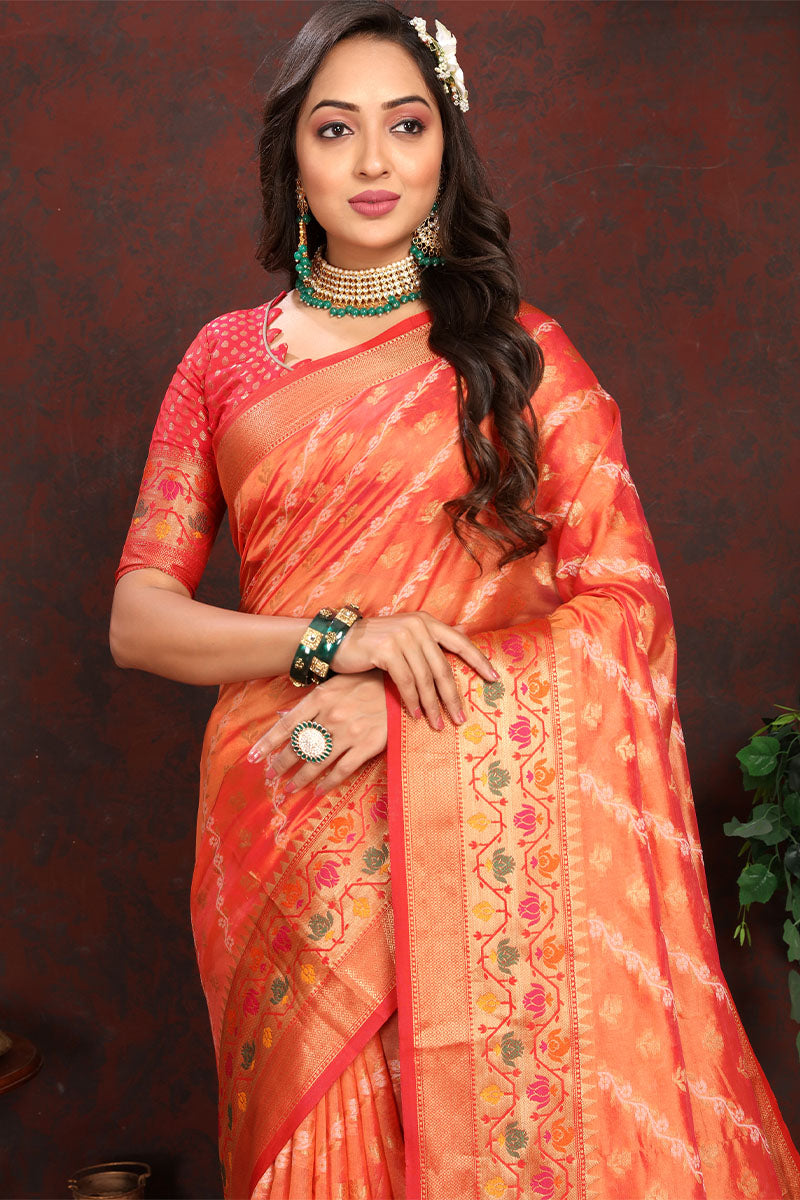 Amazing Orange Soft Banarasi Silk Saree With Gratifying Blouse Piece