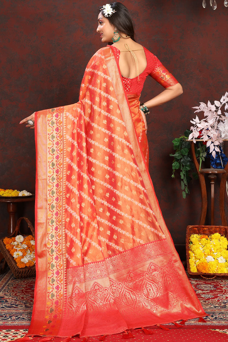 Amazing Orange Soft Banarasi Silk Saree With Gratifying Blouse Piece