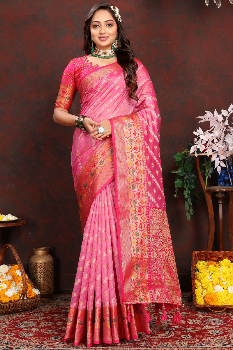 Innovative Pink Soft Banarasi Silk Saree With Adorning Blouse Piece