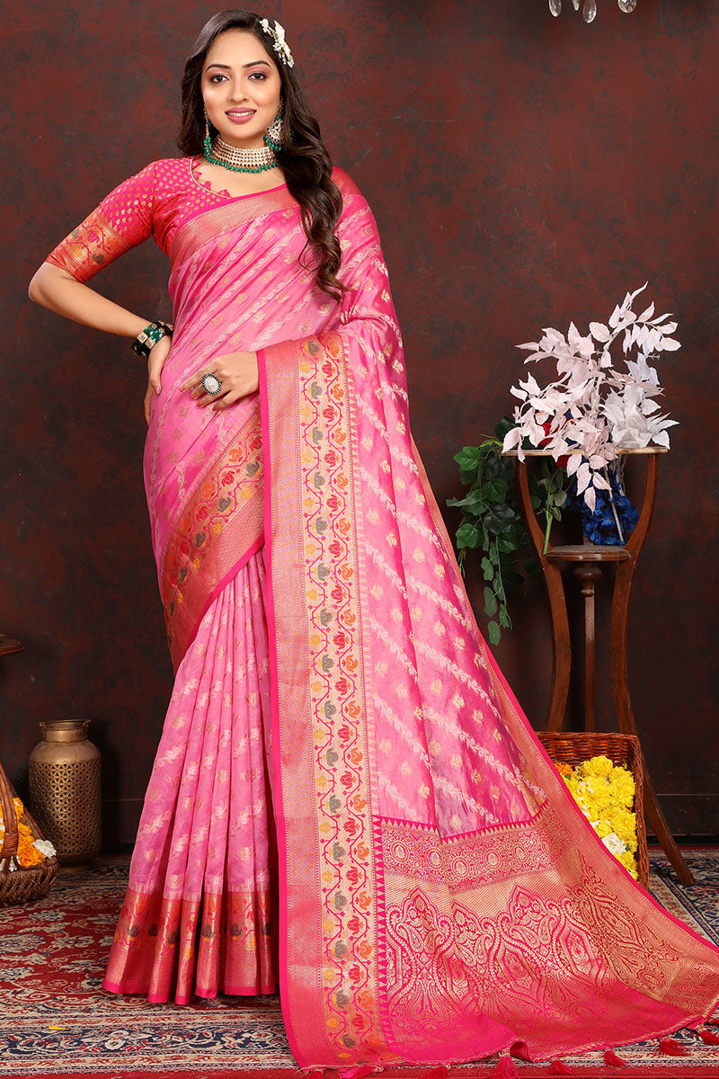 Innovative Pink Soft Banarasi Silk Saree With Adorning Blouse Piece