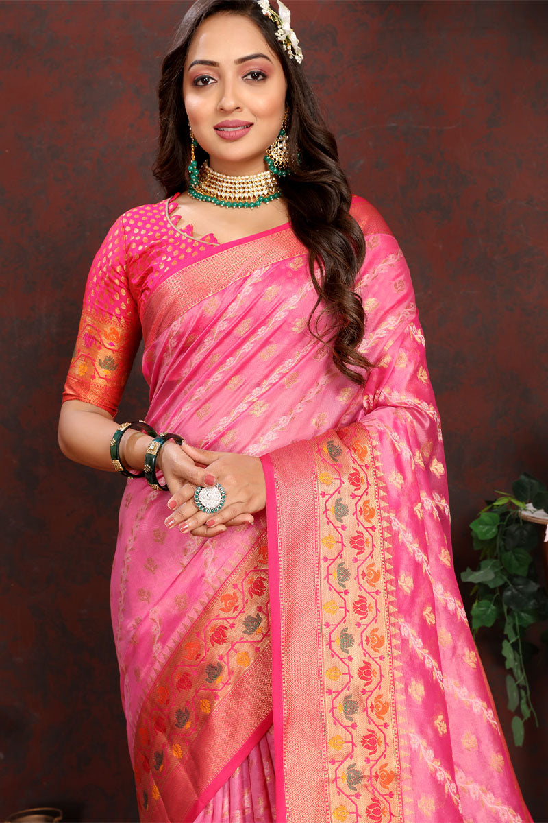 Innovative Pink Soft Banarasi Silk Saree With Adorning Blouse Piece