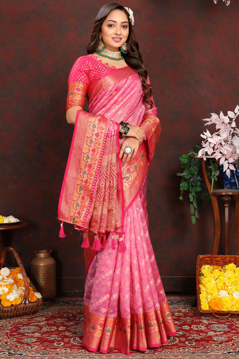 Innovative Pink Soft Banarasi Silk Saree With Adorning Blouse Piece