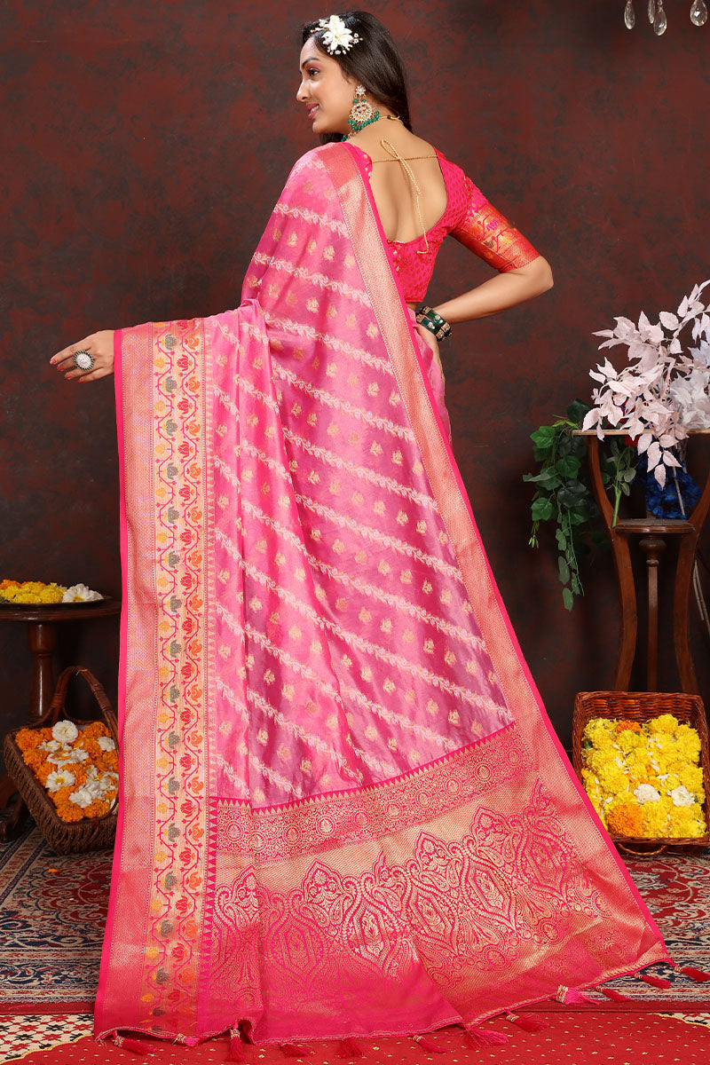 Innovative Pink Soft Banarasi Silk Saree With Adorning Blouse Piece