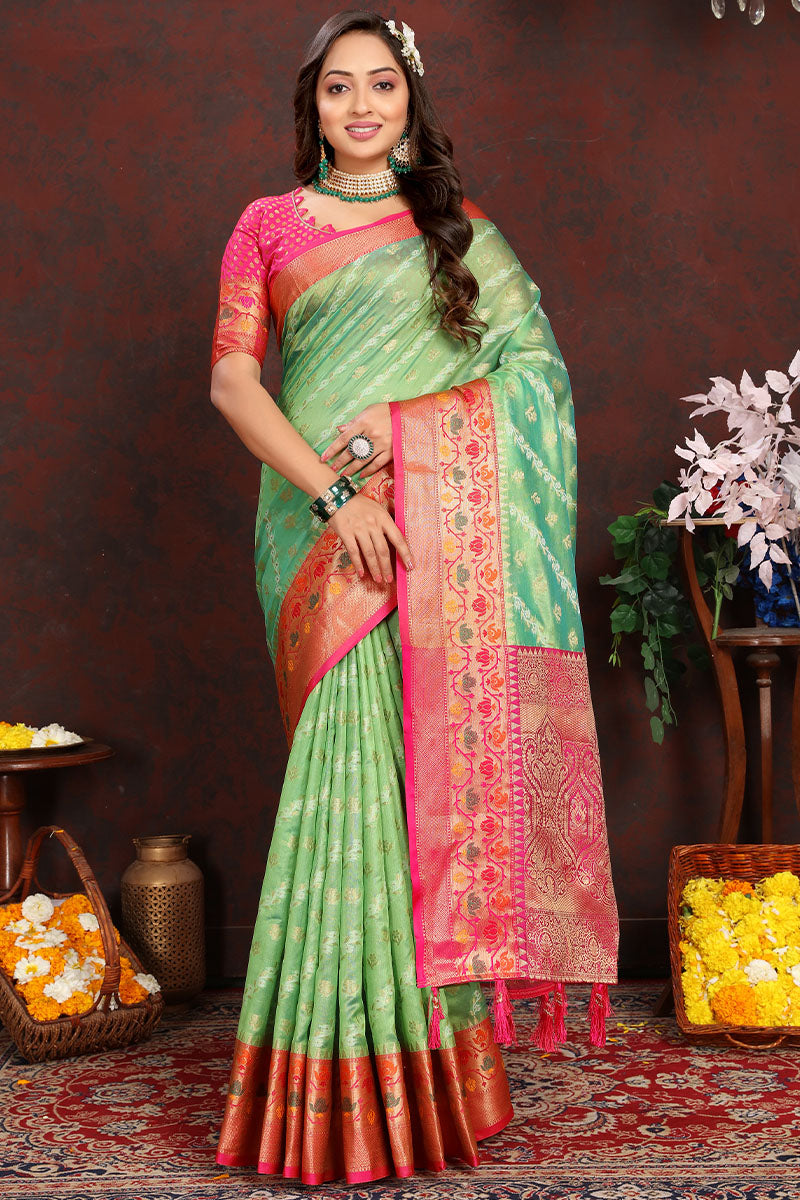 Elegant Pista Soft Banarasi Silk Saree With Unique Blouse Piece