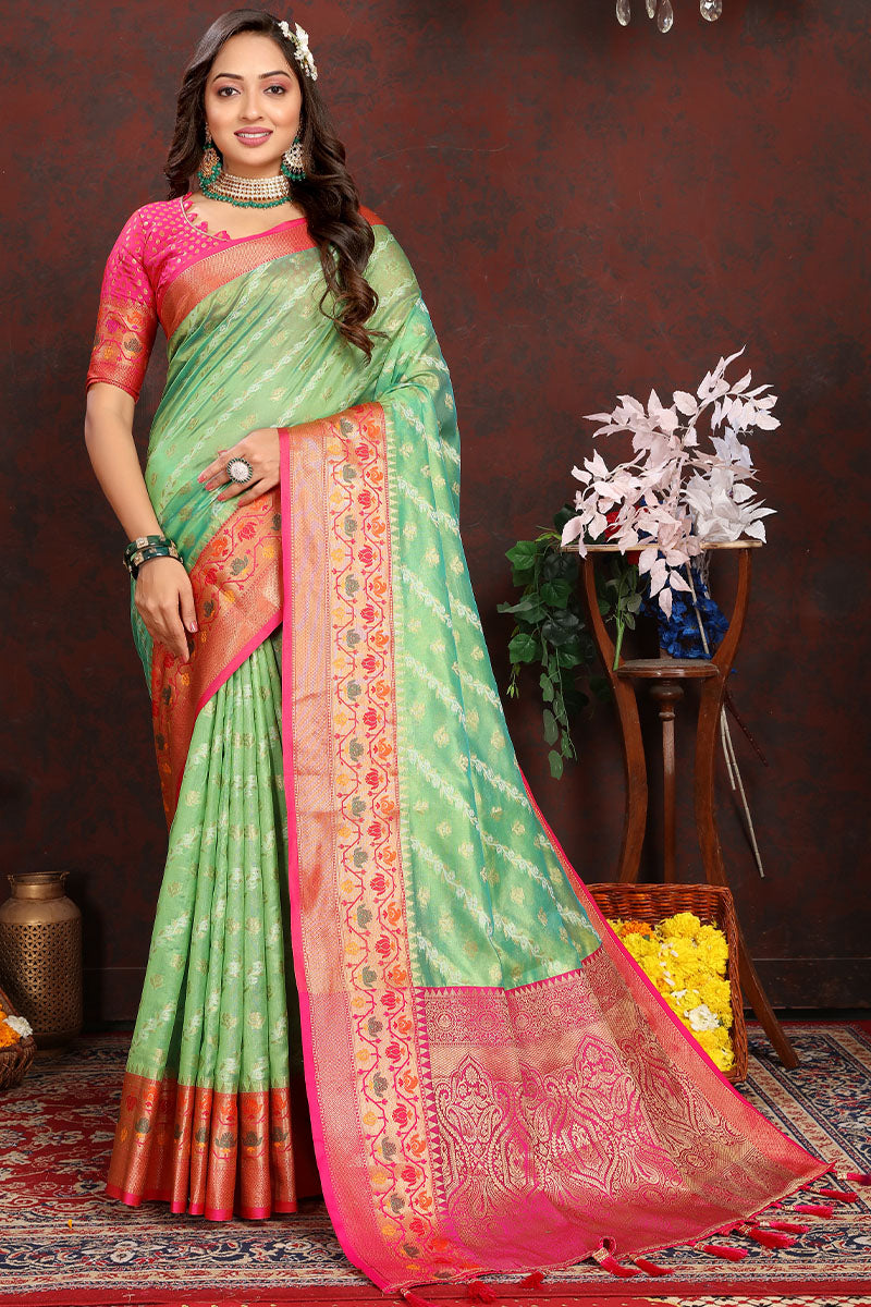 Elegant Pista Soft Banarasi Silk Saree With Unique Blouse Piece