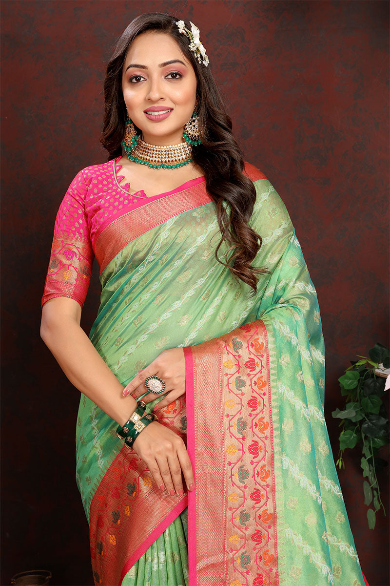 Elegant Pista Soft Banarasi Silk Saree With Unique Blouse Piece