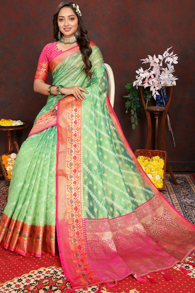 Elegant Pista Soft Banarasi Silk Saree With Unique Blouse Piece