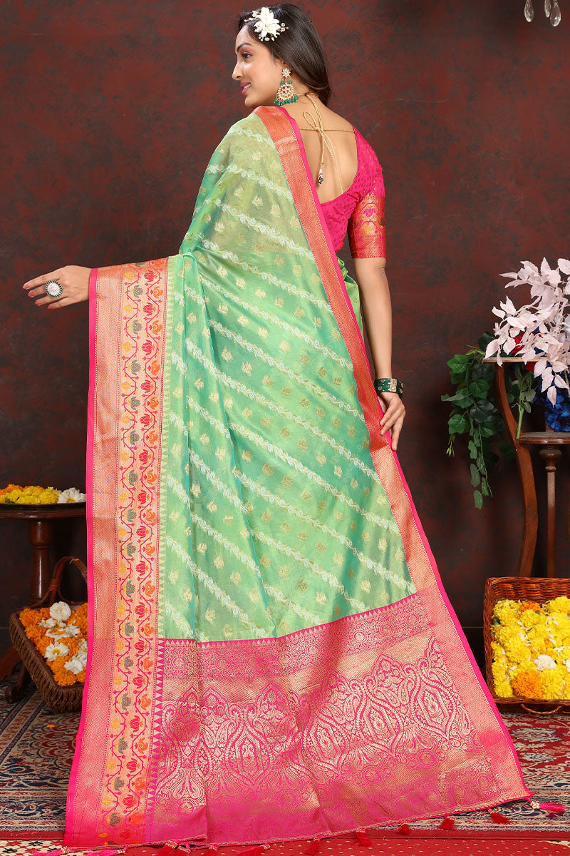 Elegant Pista Soft Banarasi Silk Saree With Unique Blouse Piece