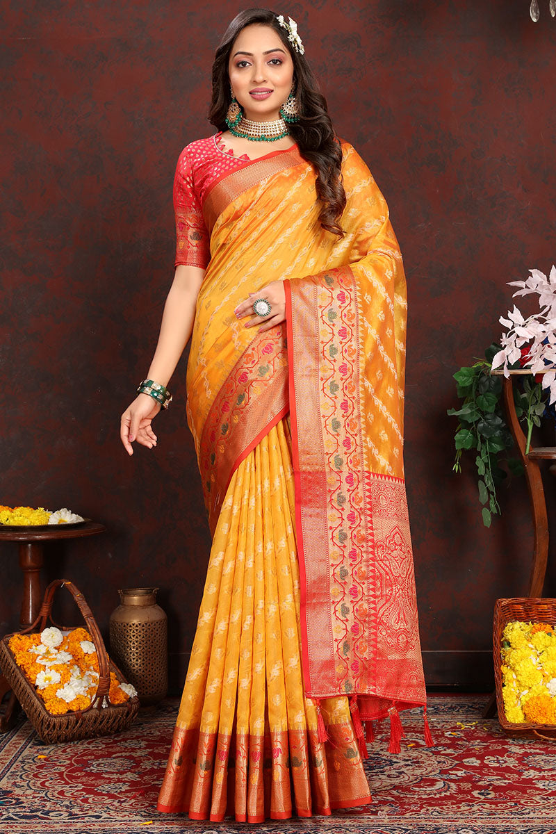 Flattering Yellow Soft Banarasi Silk Saree With Dazzling Blouse Piece