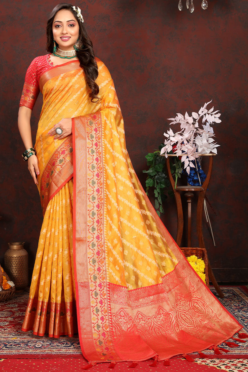 Flattering Yellow Soft Banarasi Silk Saree With Dazzling Blouse Piece