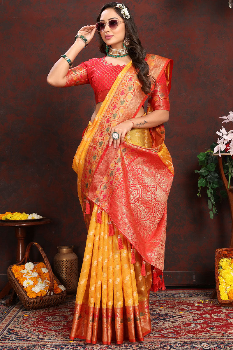 Flattering Yellow Soft Banarasi Silk Saree With Dazzling Blouse Piece