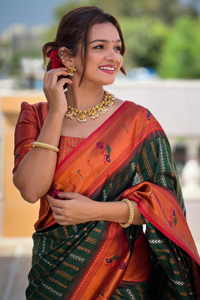 Elision Dark Green Paithani Silk Saree With Redolent Blouse Piece